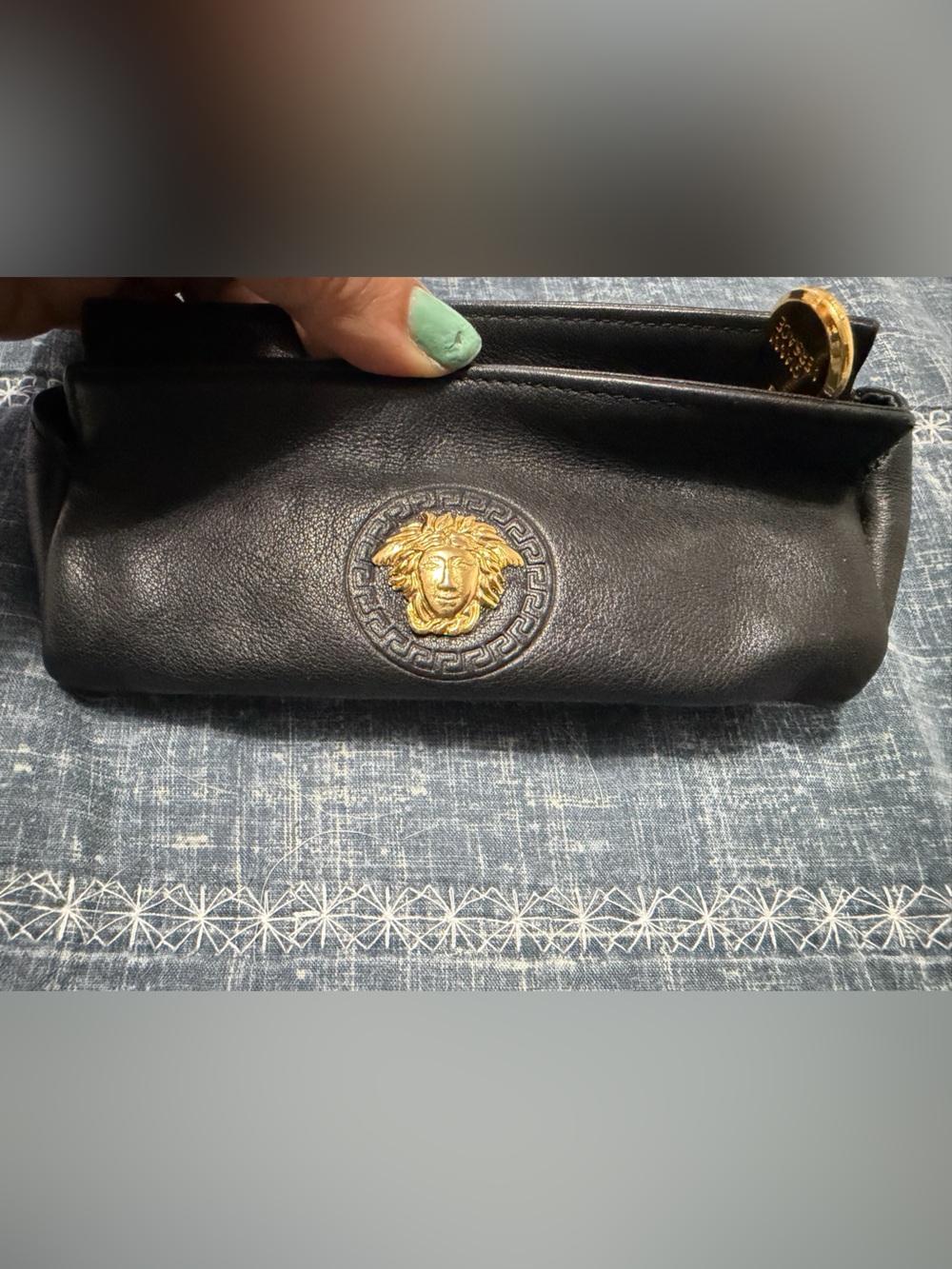 Versace Black Leather Cosmetic Pouch with Gold Medallion